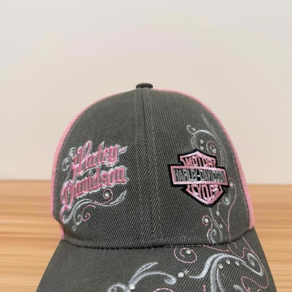 Retro Harley-Davidson Pink Gray Embroidered Adjustable Baseball Cap Women’s - Picture 3 of 8